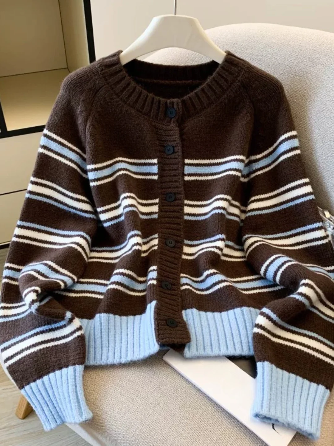 Casual Style Loose Fit Long Sleeve round Neck Knitted Cardigan Women's Spring Autumn Striped Color Block Sweater Coat