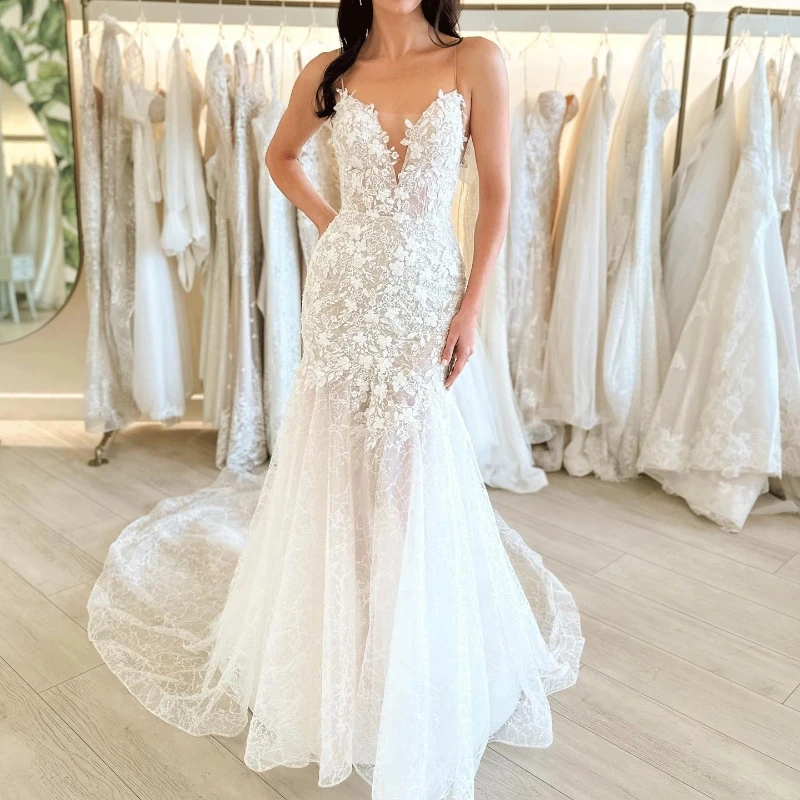 

Sexy Spaghetti Straps Back Zipper Mermaid Wedding Dress 2024 Gorgeous Appliques Lace Sleeveless Trumpet Bridal Gown