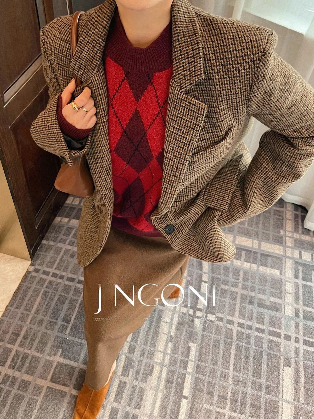 

JINGONI Женский шерстяной пиджак в клетку, осенне-зимнее новое модное пальто в британском стиле, стройнящее, трендовое