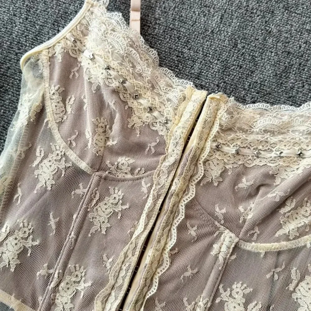 Chic Retro lace PATCHWORK Camis French Fashion Tank Top Slim  Crop Top Sexy  Women Summer Tops Ins