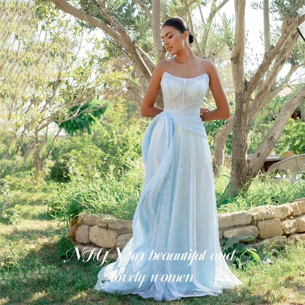 

NFYN Light Blue Lace Party Dresses Scoop Neck Sleeveless Evening Dresses A Line Minimalist فساتين السهرة Gala Dress Customized