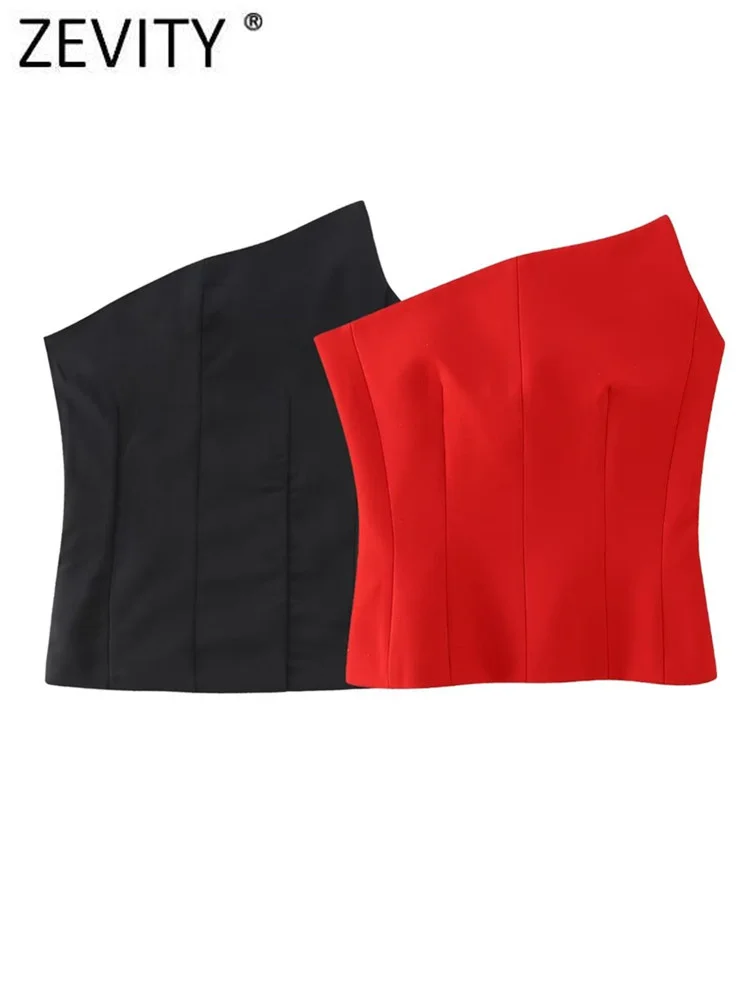 Zevity Women Fashion Strapless Red Color Asymmetrical Smock Blouse Female Inner Style Zipper Slim Shirt Blusas Chic Tops LS3509