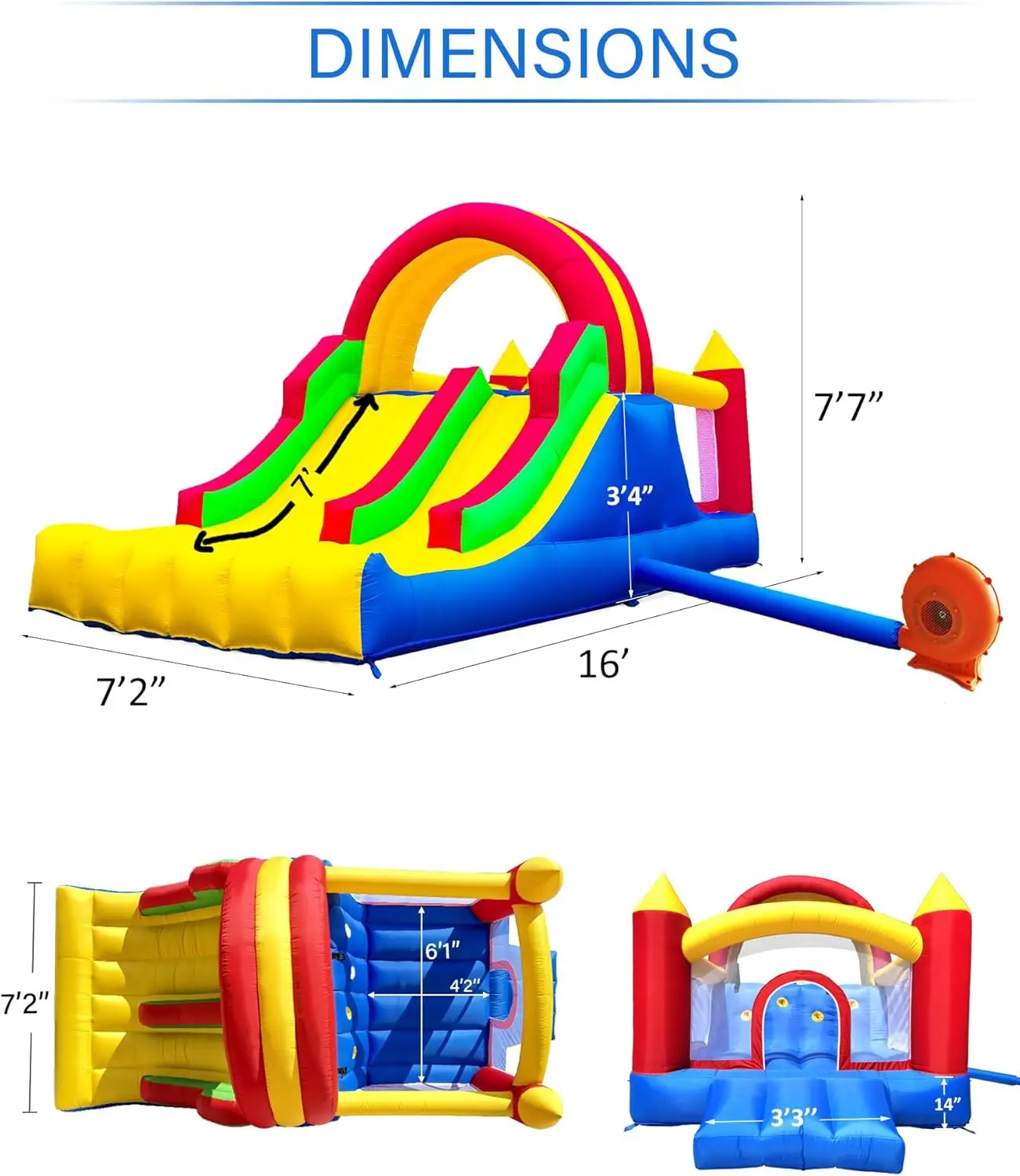 Nadmuchiwany domek odbijający 16x7,2FT z 2 zjeżdżalniami wyścigowymi i dużą ścianą wspinaczkową, nadmuchiwana trampolina dla dzieci 3 w 1 Rainbow