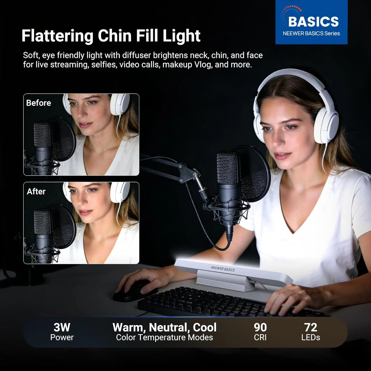 NEEWER Basics LED Chin Fill Lighting, 3W Bi Color Portable Desk Phone Selfie Photo Light, CRI90, 2200mAh Battery