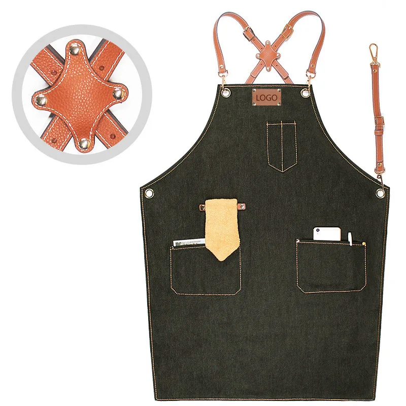 

Pu Leather Belt Denim Apron Artisan Leather Goods Shop Western Restaurant Barista Men Haircut Work Kitchen Cleaning Tools Apron