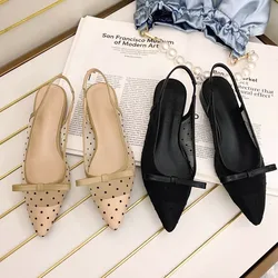 Women's 2024 Polka Dot Chunky Heel Graceful Pointed Toe Shallow Mouth Slimming Baotou Bow Shoes Women Sandals