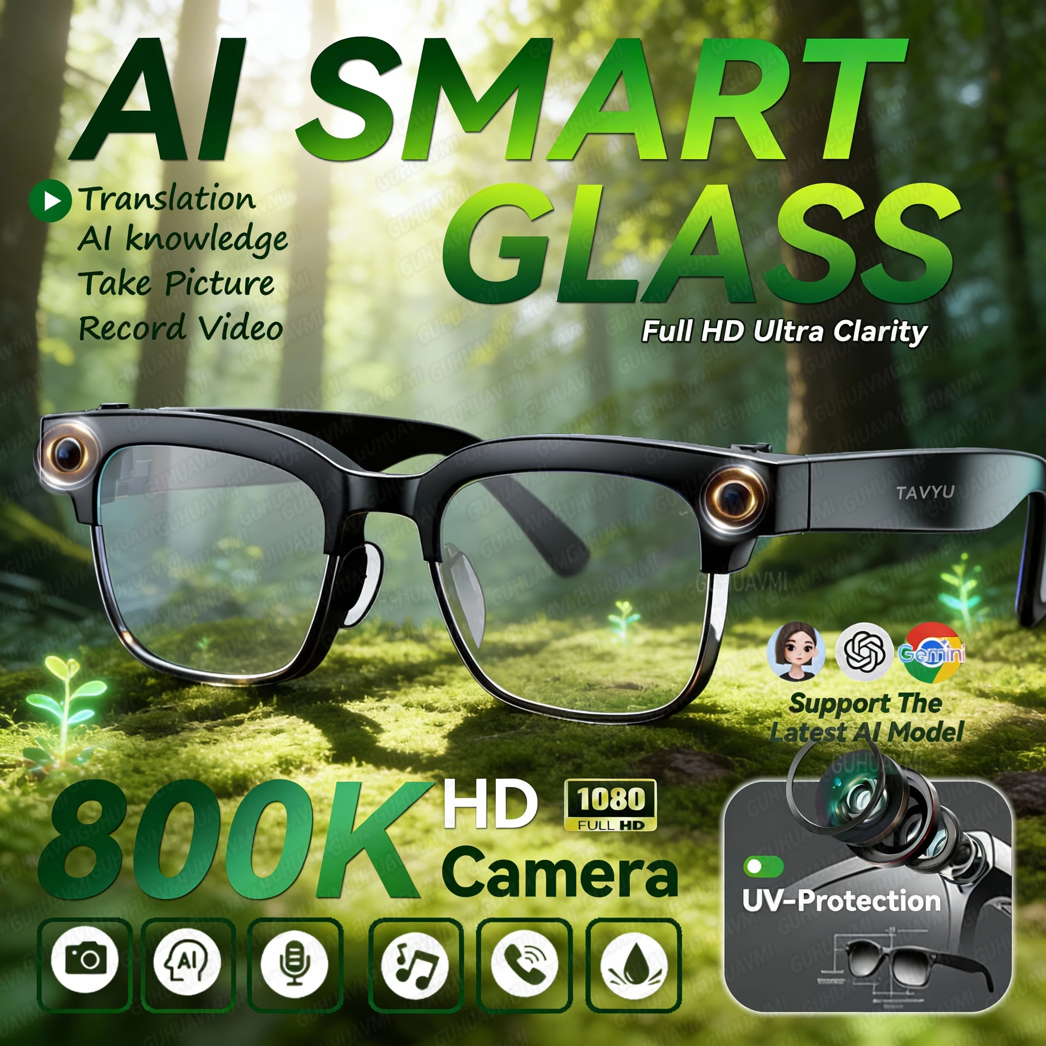 

New 800W HD AI Smart Glasses 800W Pixel Camera Photo Video Recording 100+Languages Translation AI Chat Call Music Play Men Women