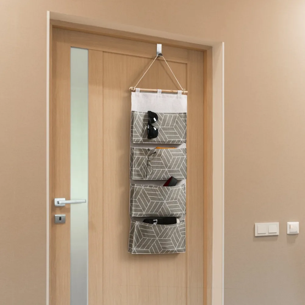 1 Pc Linen Cotton Door Organizer Hanging 4 Pocket Multi Functional Hanging Organizer Strong Bearing Capacity Hanging Storage