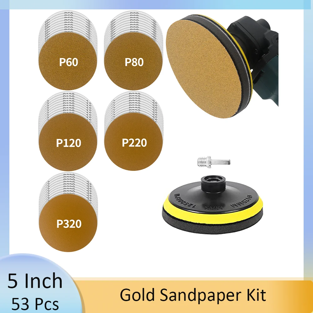 

5 Inch 125MM Gold Grinder Sanding Disc Kit 53 Pcs 60-320 Grit Hook and Loop Backing Pad with Sander Pads for Woodworking