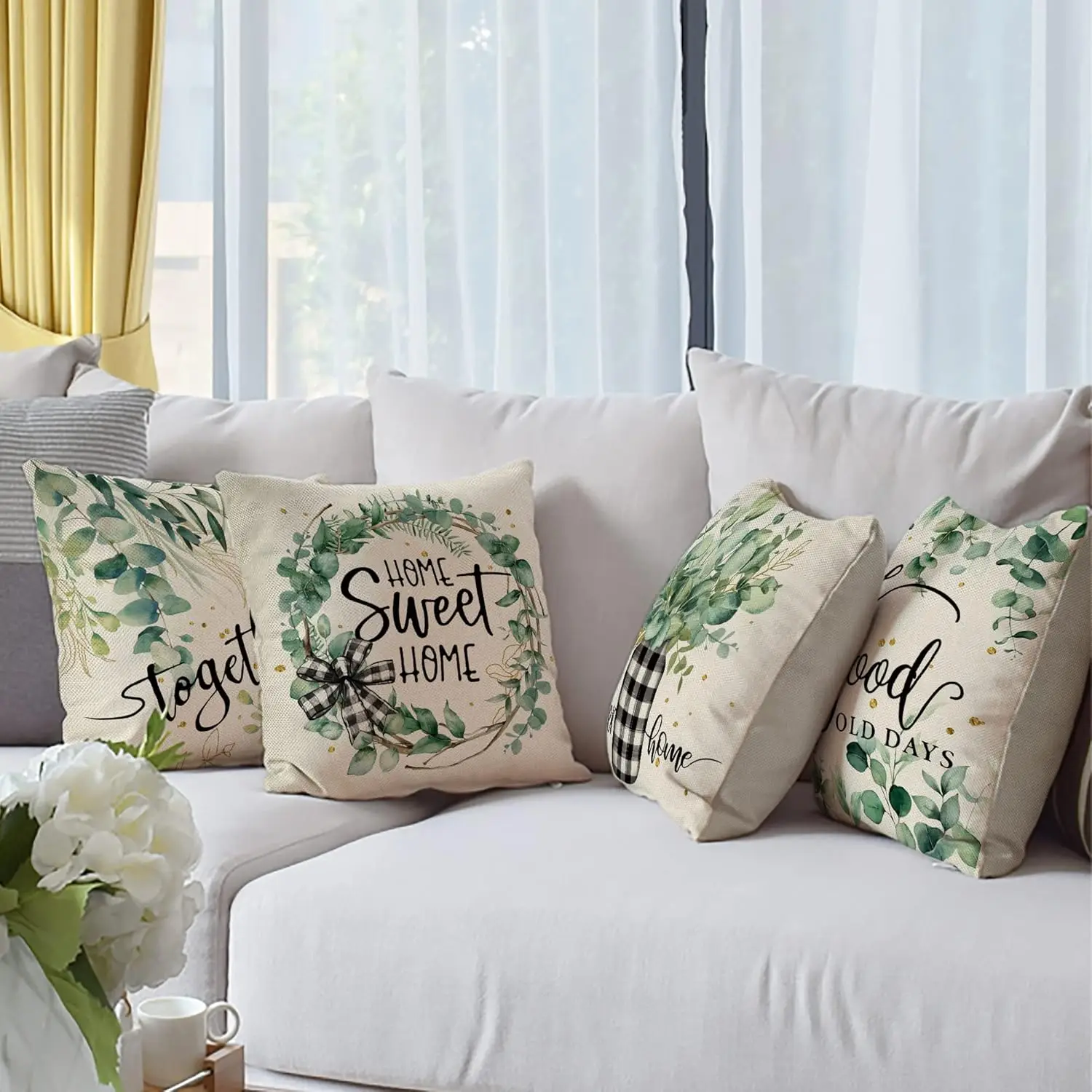 Farmhouse Eucalyptus Leaves Decorative Throw Pillow Cover of 4, Buffalo Plaid Home Sweet Home Wreath Mason Jar Porch  Pillowcase