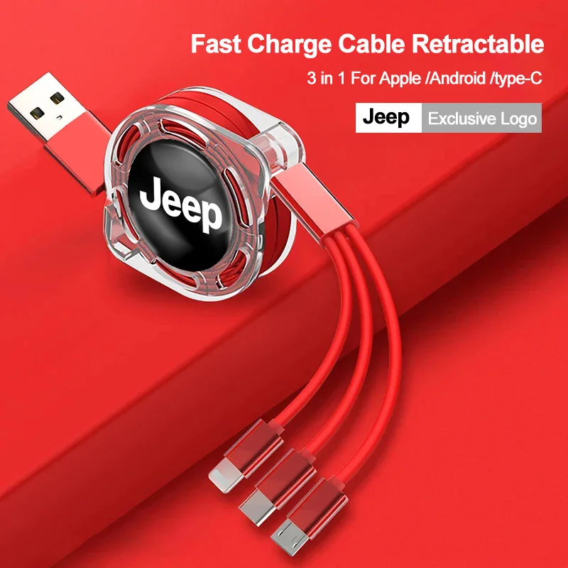 3-in-1 Fast Charge Cable Cord Multi Port Charging Wire Line For Jeep Renegade Wrangler JK Grand Cherokee Gladiator Compass Trail