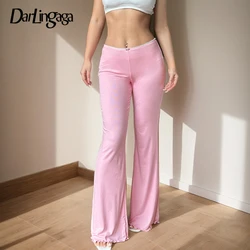 Darlingaga Casual Ruched Skinny Pink Women Pants Sweet Homewear Appliques Sporty Chic Flare Trousers All-Match Sweatpants Korean