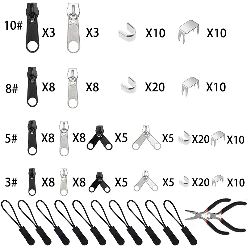 197 Pieces Zipper Repair Kit Zipper Replacement Puller For Clothing Tent Install Pliers Tool Stop Extension Luggage Clothing