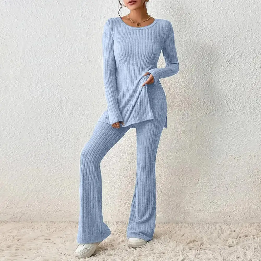 

Stripe Knit Flare Pant Set Slim Long Sleeve Pullover T-shirts Two Piece Set For Women Solid Simple Sweatershirt Suit Home