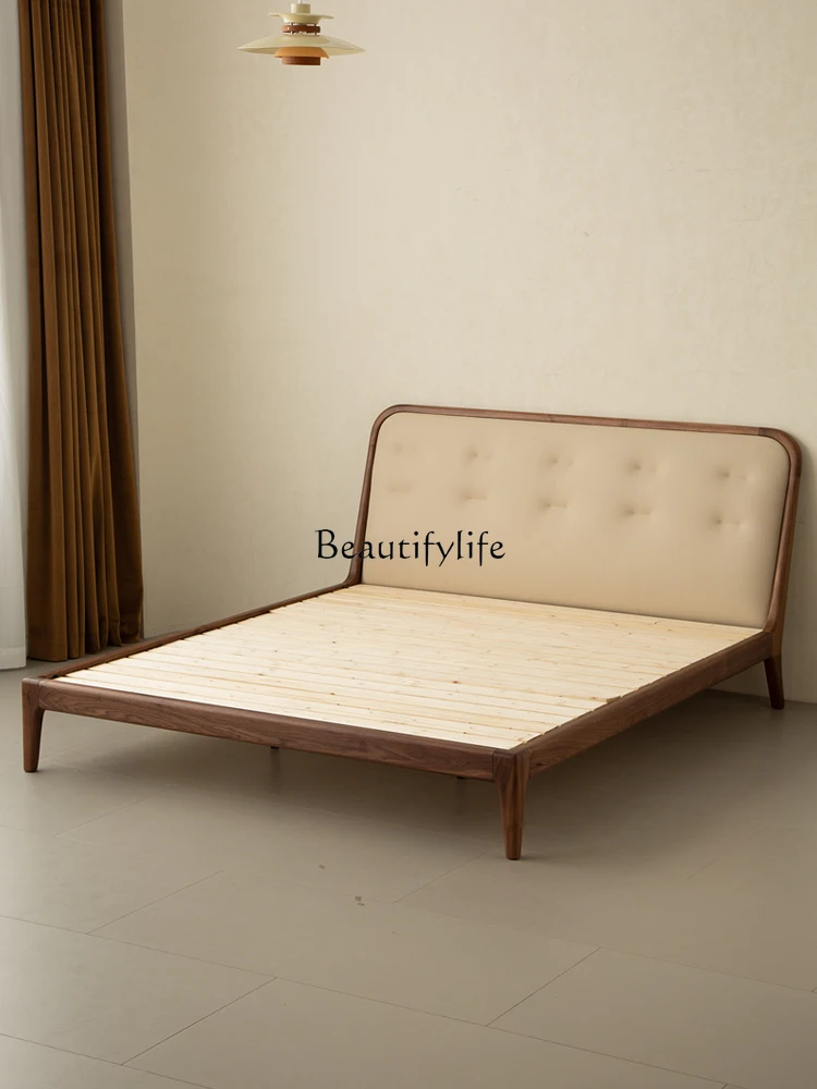 

North American black walnut bed pure solid wood modern simple leather soft against log bed