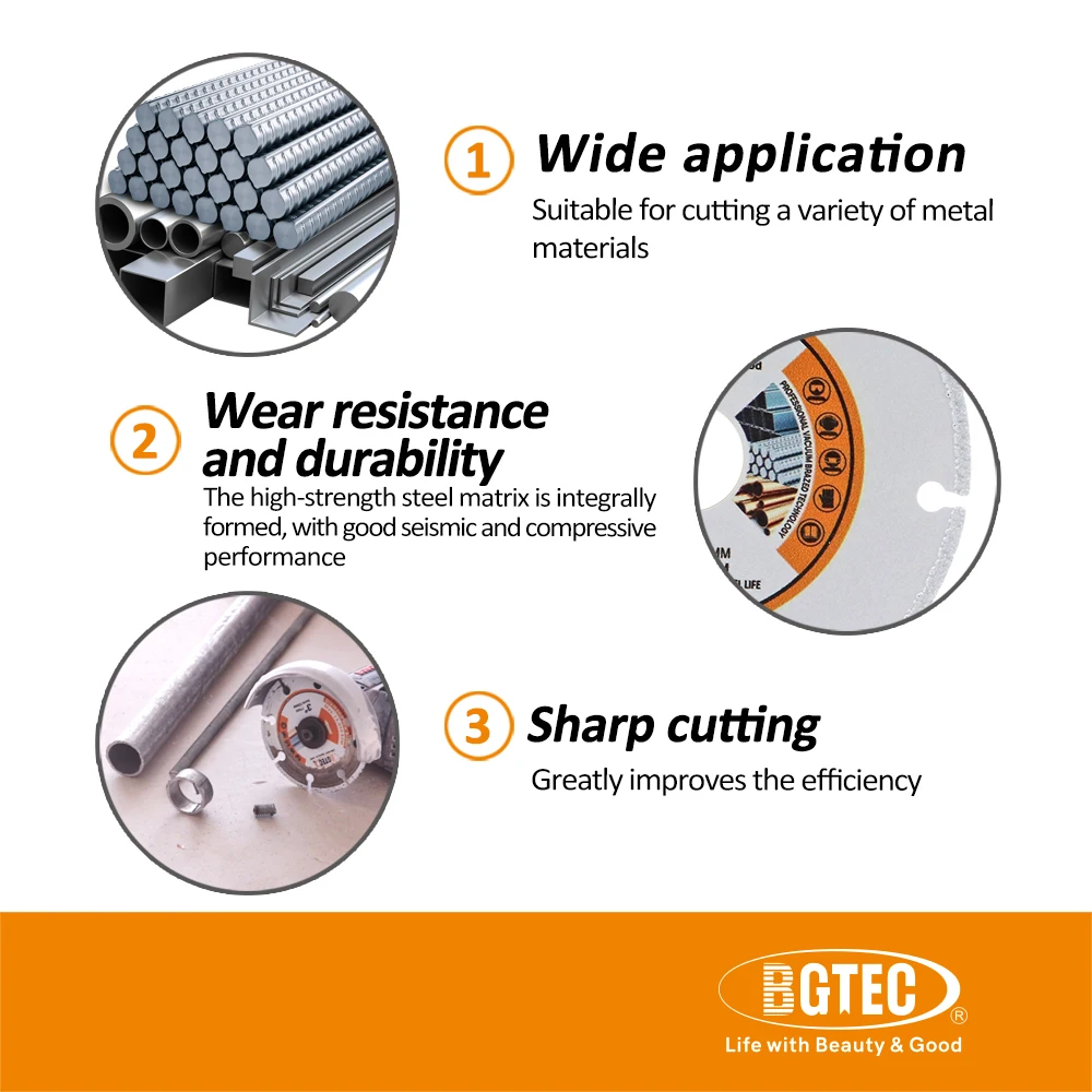 BGTEC 4/4.5/5 Inch Cutting Metal Disc Cut Rebar Steel Pipe Iron Fixture Bore22.23mm Vacuum Brazed Saw Blade Dia105/115/125mm