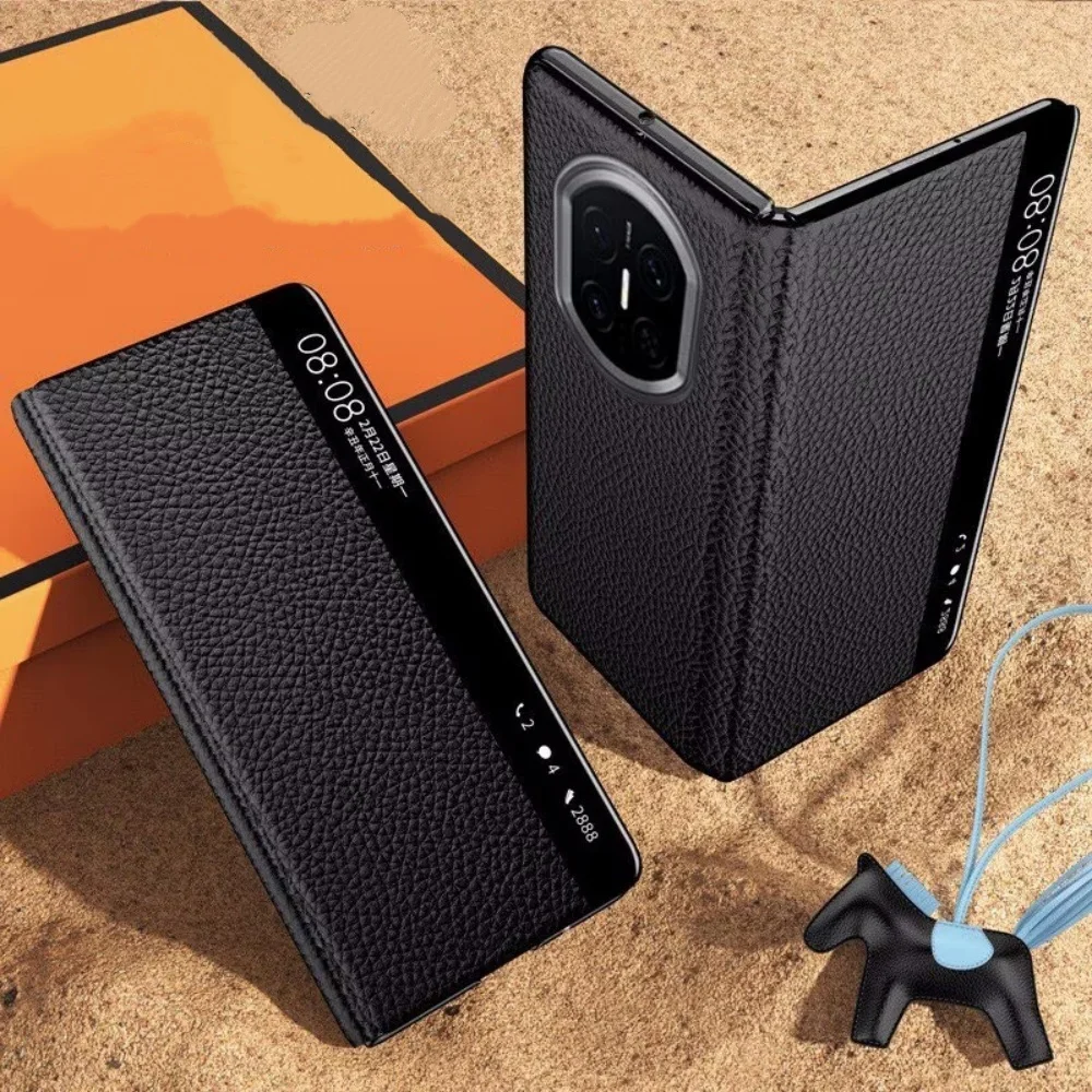 Natural Cowhide Leather Case For Huawei Mate X7 Litchi Pattern Window View Cover