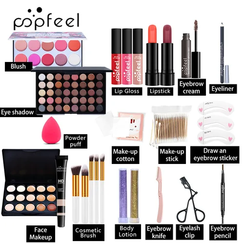 Imagen 2 del producto POPFEEL Kit de maquillaje todo en uno, juego de regalo con paleta de sombra de ojos, base, brillo de labios, colorete, pinceles, delineador de ojos y más regalos de belleza
