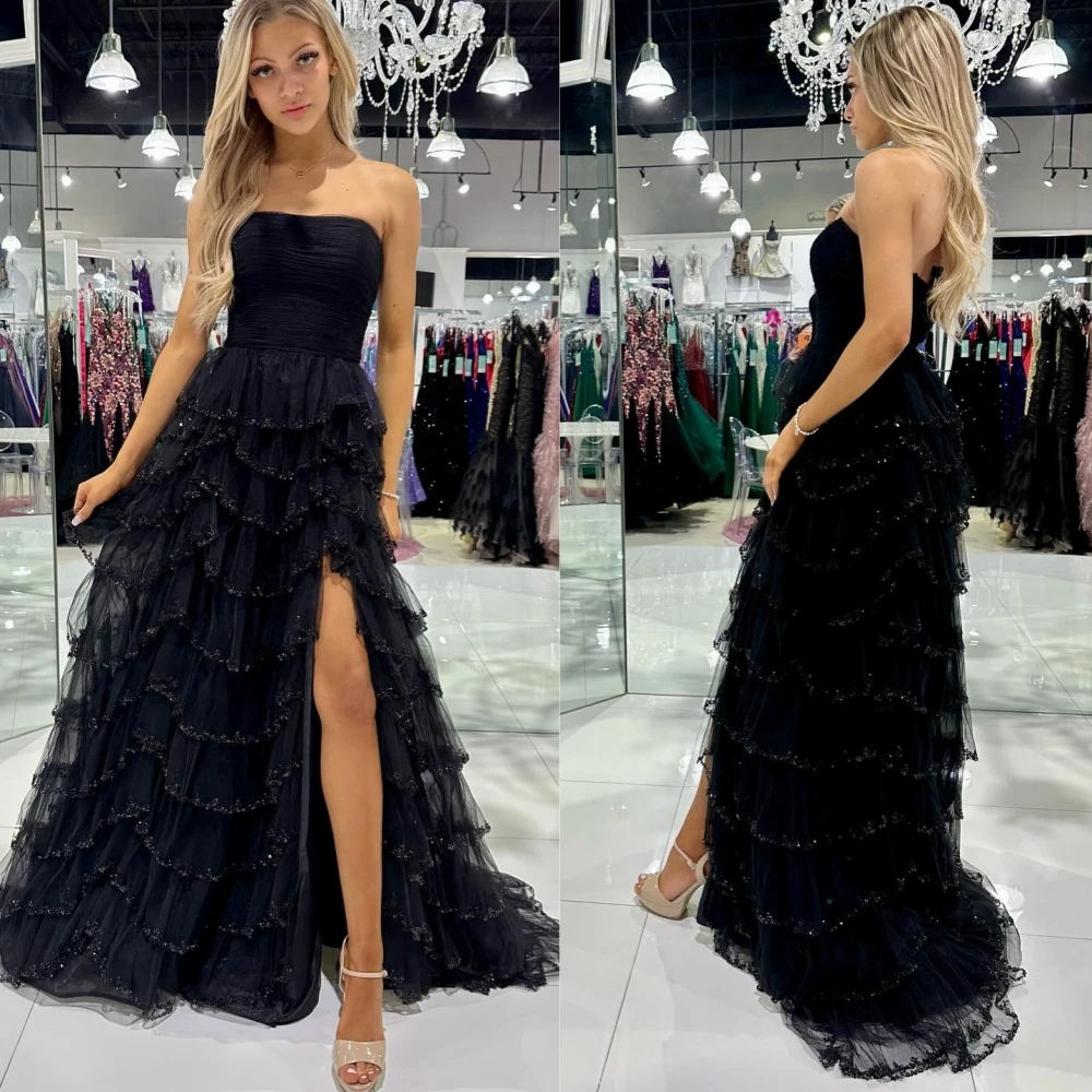 

Mesprit Simple Fashion Strapless A-line Evening Dresses Layered Paillette Organza Floor Length Custom Dress