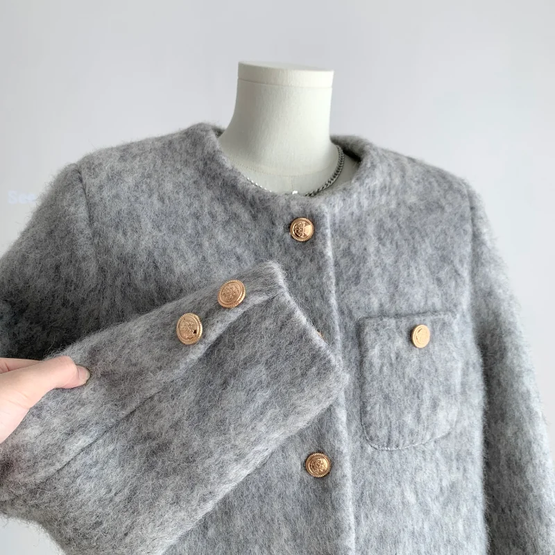 Autunno inverno grigio lana trapuntata giacca donna semplice Casual sciolto Basic corea elegante Chic piccola fragranza ufficio signora cappotto