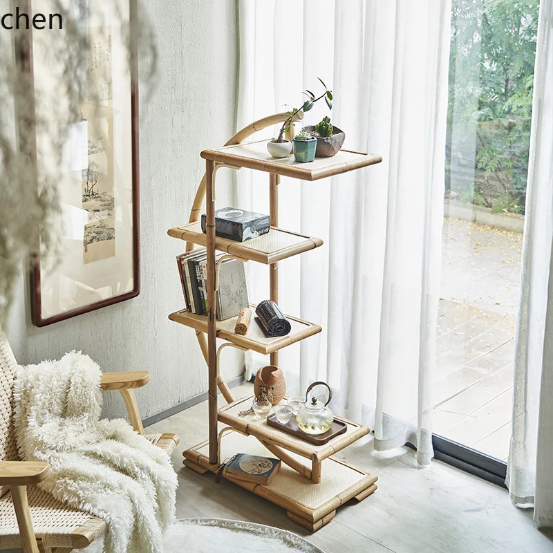 CZ Modern Minimalist Real Rattan Multi-layer Bookshelf Living Room Storage Moon Shelf Ins Rattan Decorative Shelf