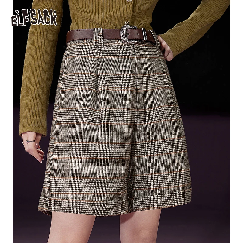 

ELFSACK Plaid Woolen Retro British Academy Style Shorts Woman 2023 Winter High Waist Casual Daily Trousers