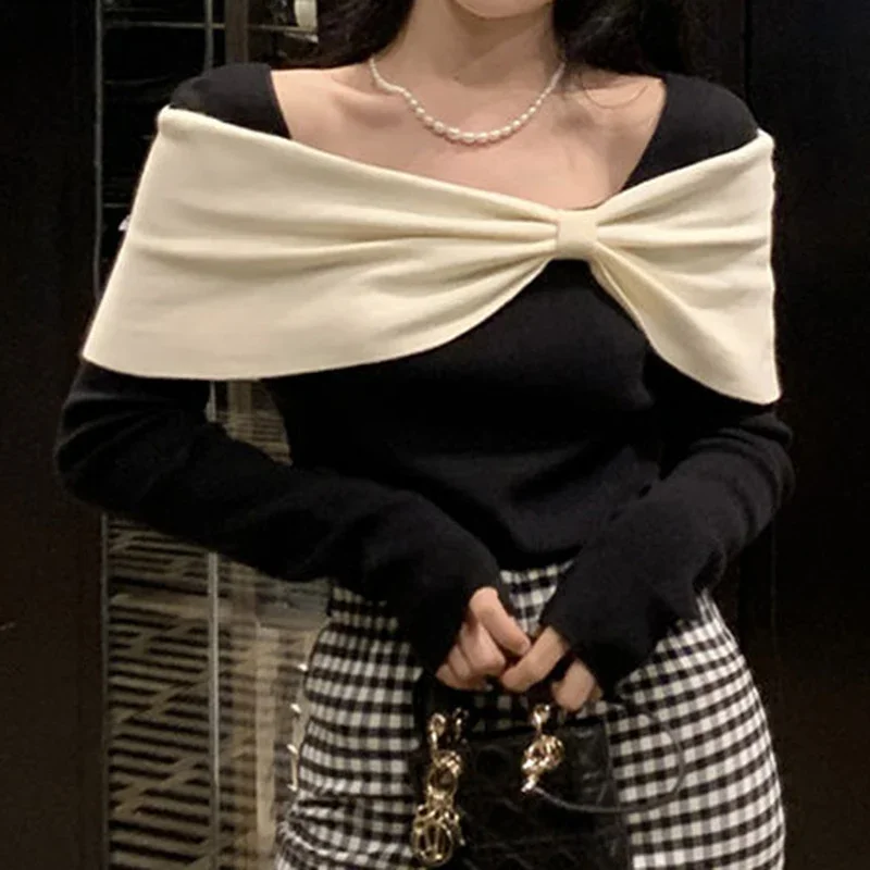 French Bow Contrast Long sleeved Knitted Shirt Women's Autumn High Grade Collar Bone Slim Fit Sweater Top