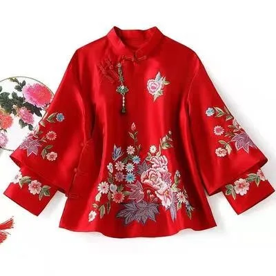 

Red Embroidered Women's Tang Suit Top Button-Up Spring 2023 Polyester Fabric Ethnic Sle Vintage Faion