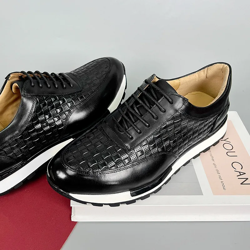 Top Quality Luxury Men Formal Full Grain Leather Shoes Weaving Pattern Shoes Men Lace Up Daily Walking Sneakers Shoes Size 38-46