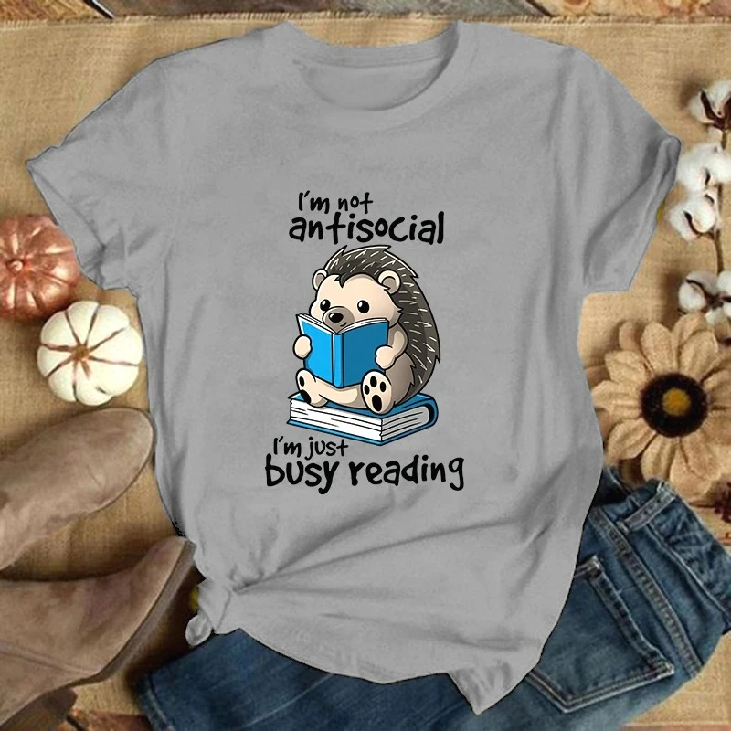 2025 Nuovo riccio Non sono antisociale Sono solo occupato Lettura Stampa T-shirt Donna Carino stampato Top Estate Manica corta Girocollo
