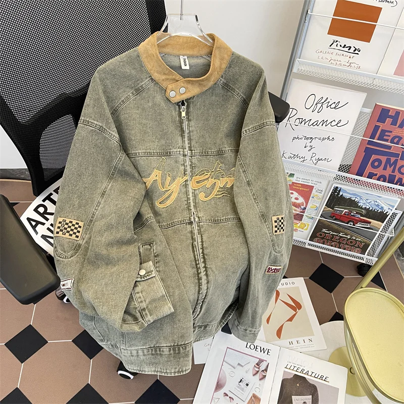 

Ретро-американская джинсовая мотоциклетная куртка с вышивкой для мужчин, уличный стиль, модная, в стиле хип-хоп, свободного кроя, молодежная, популярная