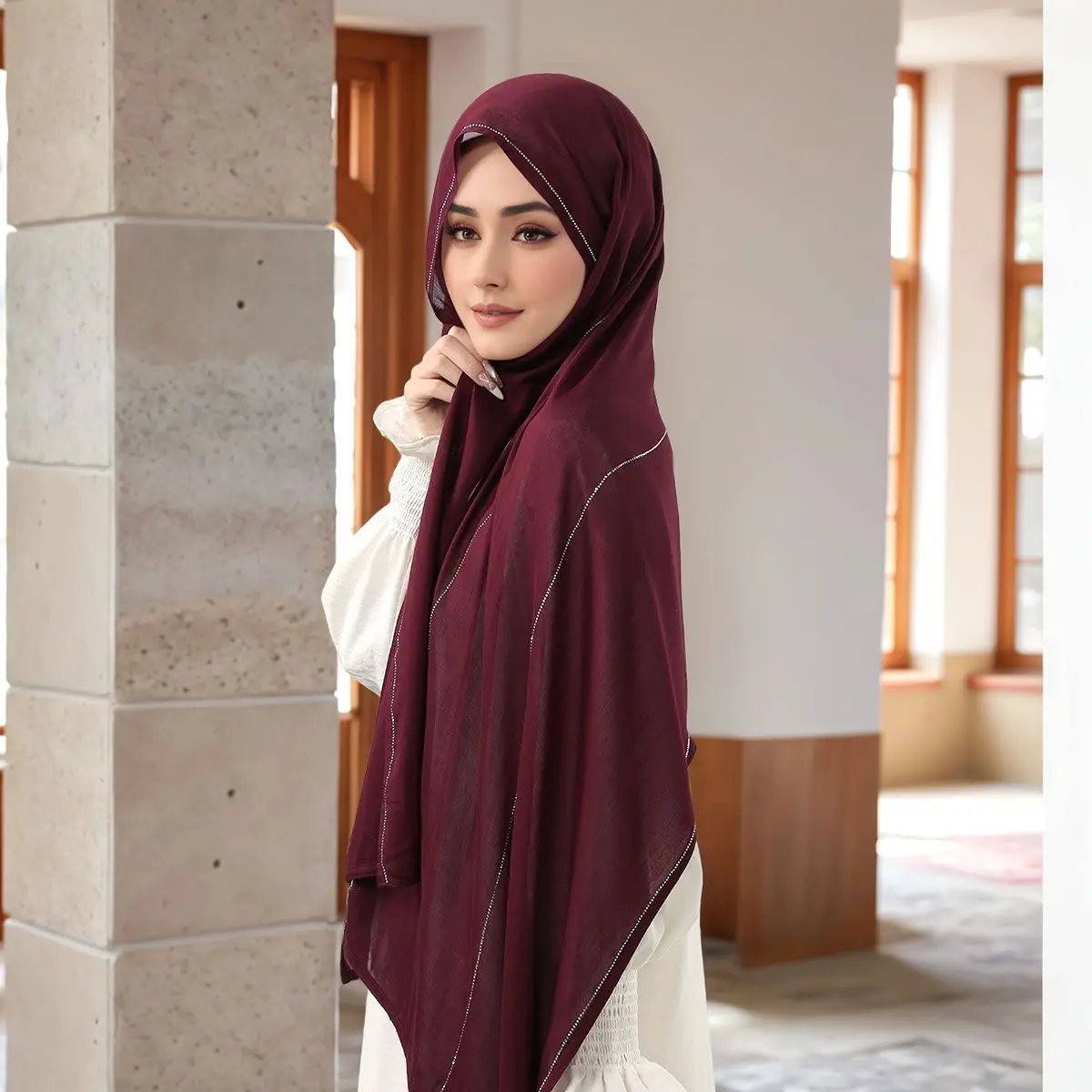 

170*70Cm Long Chiffon Scarf Muslim Hijab Rhinestone Solid Color Headscarf Women Shawls Wrap Turban Islam Stoles Turbante Mujer