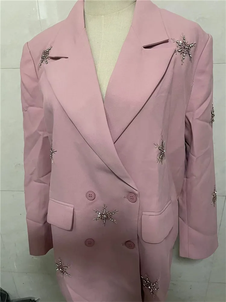 2023 autunno nuove donne abiti rosa Blazer doppio petto in rilievo giacca in due pezzi set vestiti femminili alla moda Y4403