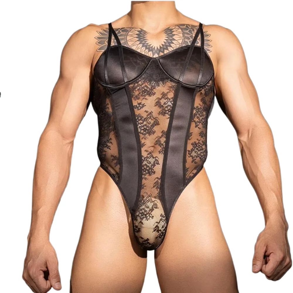 Men Sexy Sheer Bodysuit Patchwork Lace Sheer Bodysuit Shaping Wear Pouch See Through Leotard Club Party Sexy Jumpsuit