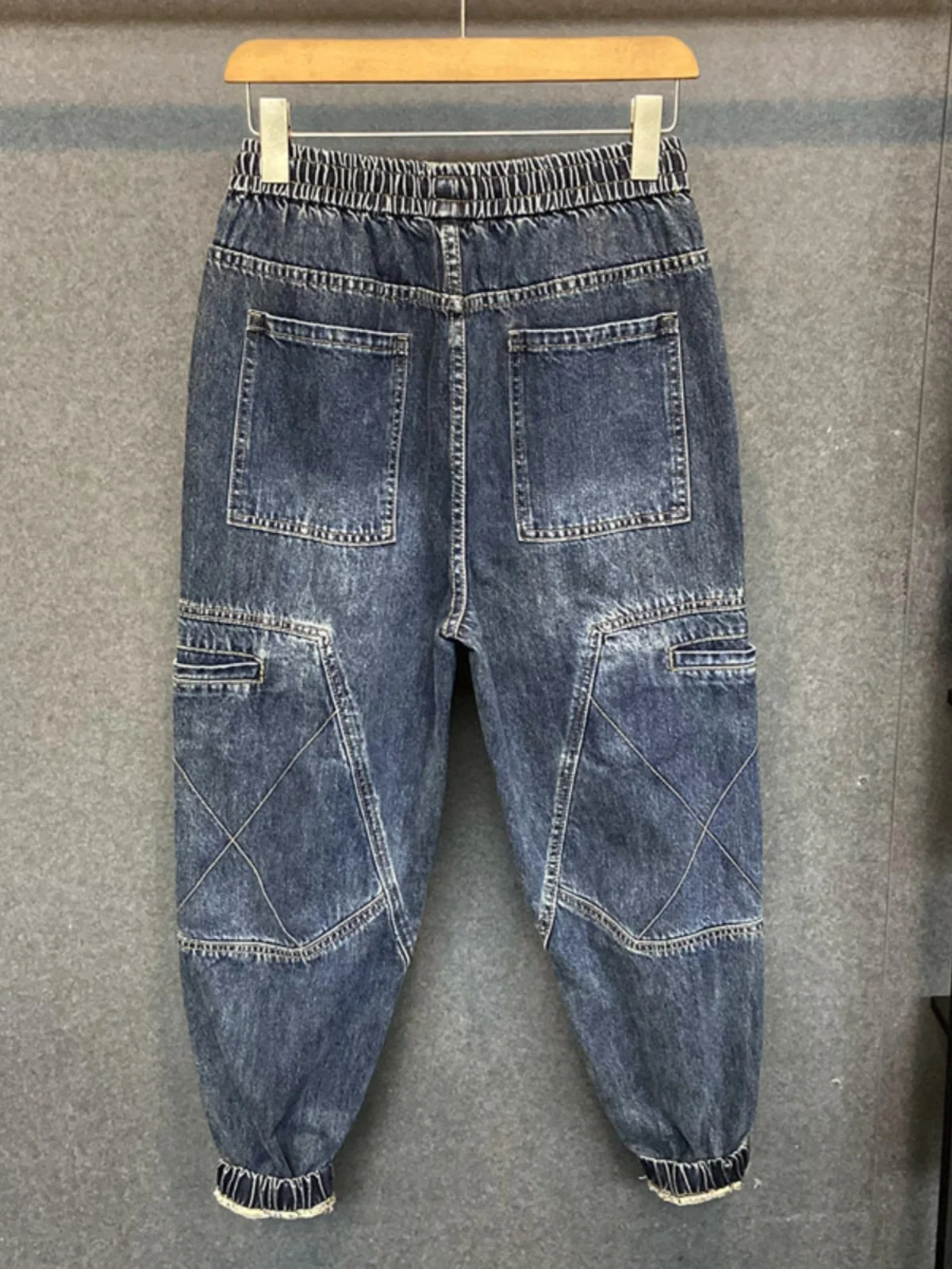 Loose Casual Men's Denim Jeans Autumn Winter American Style Trendy Brand Patchwork Elastic Waist Big Size Loose Trousers