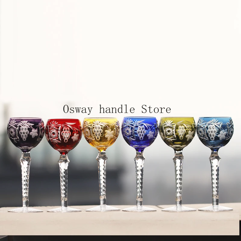 

Bohemian Crystal Glass Hand Cut Beautiful Pattern Blue Green Purple Red Wine Champagne Glasses 230ml with gift box