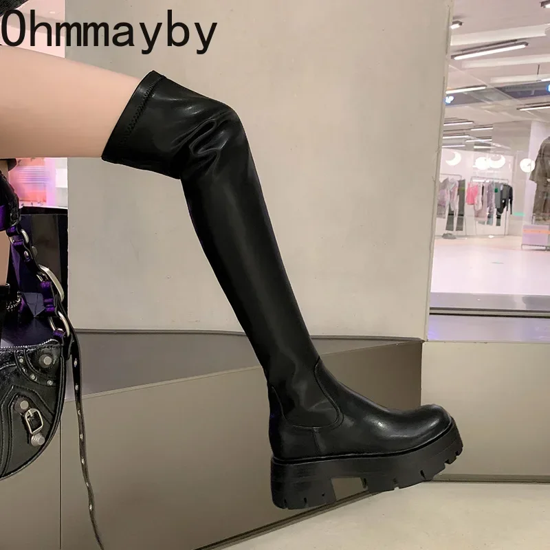 Autumn Winter Stretch Over The Knee Boots Women Fashion Round Toe Square Platform Thick Heels Long Booties