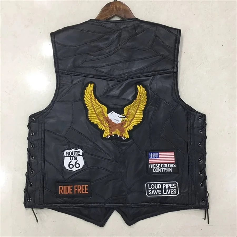 

Men Motorcycle Vests Gold Eagle Embroidered Sleeveless Leather Jacket Riding Biker Waistcoat Men's Clothing Punk Style Outerwear
