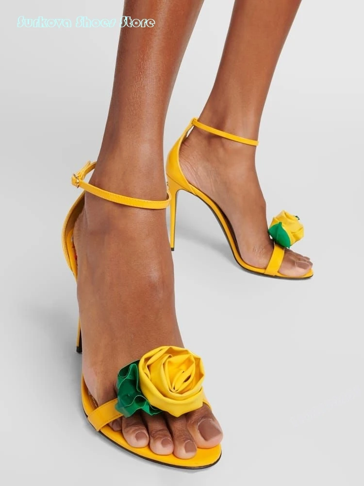 

Surkova Luxury Yellow Floral Stilettos Open Toe Rose Flower Embellished Thin Heel Sandals 2024 Stylish Ankle Buckle Women Shoes