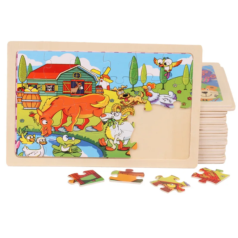 Puzzle in legno da 24 pezzi con cornice per tronchi, puzzle aereo per cartoni animati con animali per bambini, giocattoli educativi in legno per la prima educazione