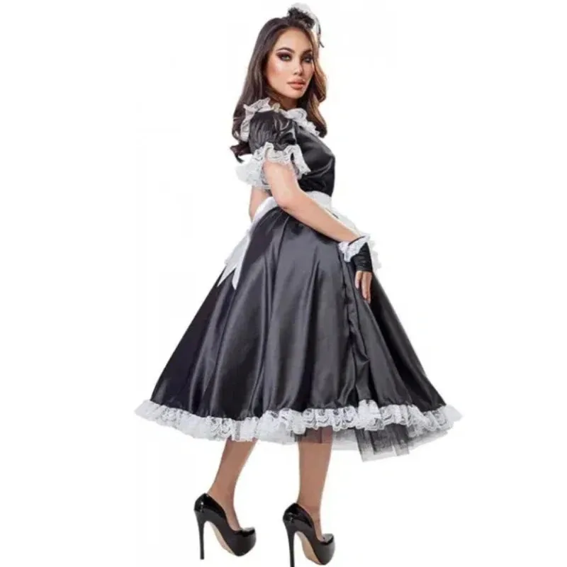 الكلاسيكية الساتان الفرنسية خادمة موحدة فاخرة مثير الساتان المئزر مثير، عالية الجودة ثوب نسائي تأثيري سيسي تنورة مخصصة