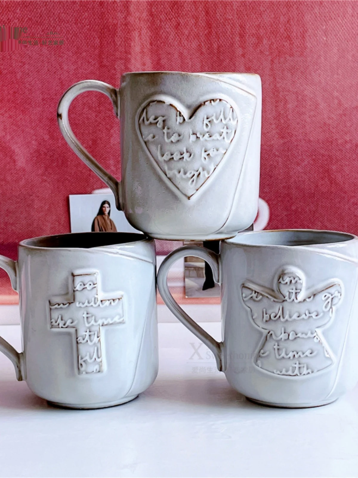 

380ml American Old Water Cup Three-piece Embossed Angel Cup Love Mug Cross Water Cup for Your Favorite Person