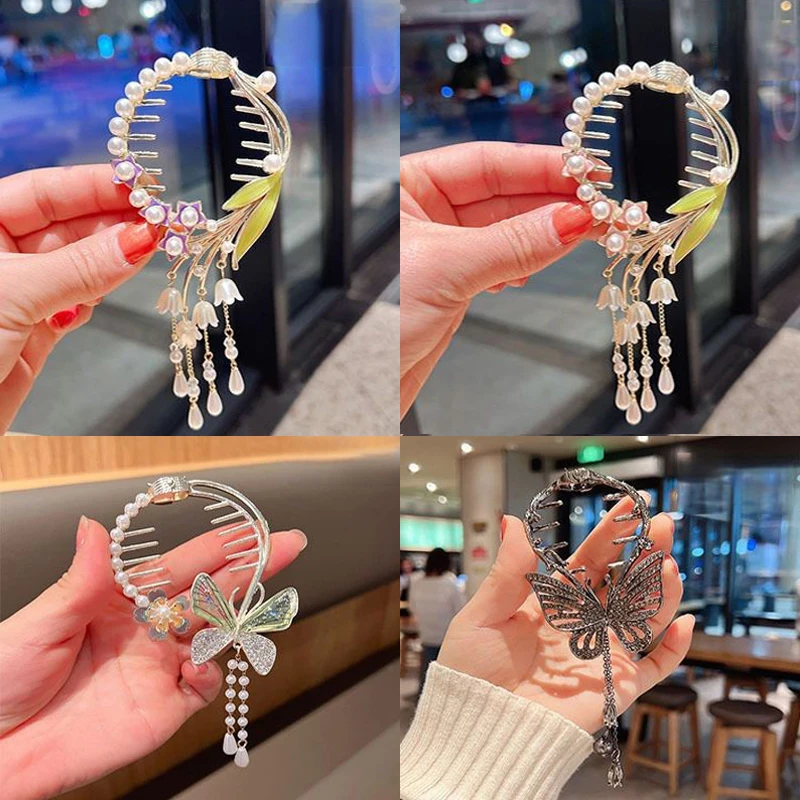 Pinza para el pelo con borla elegante para mujer y niña, horquilla con diamantes de imitación, perlas, flores, soporte para cola de caballo,