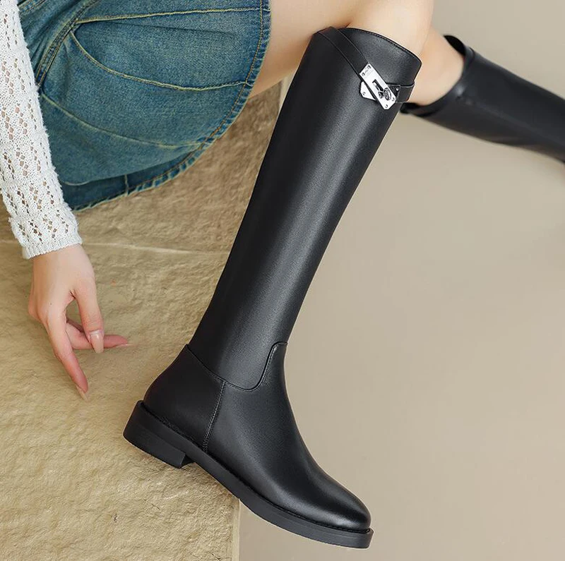 British Style Metal Lock Strap Women Long Boot Round Toe Low Heel Genuine Leather Knee High Boot Side Zipper Riding Knight Boots