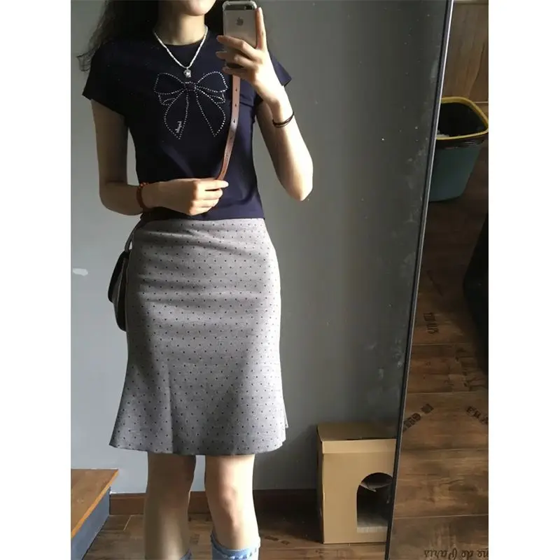 

Korean Fashion Popular Gray Polka Dot Print Casual Skirts Sexy Slim Hip Wrap Jupe Y2k Harajuku Office Lady Women Short Skirts