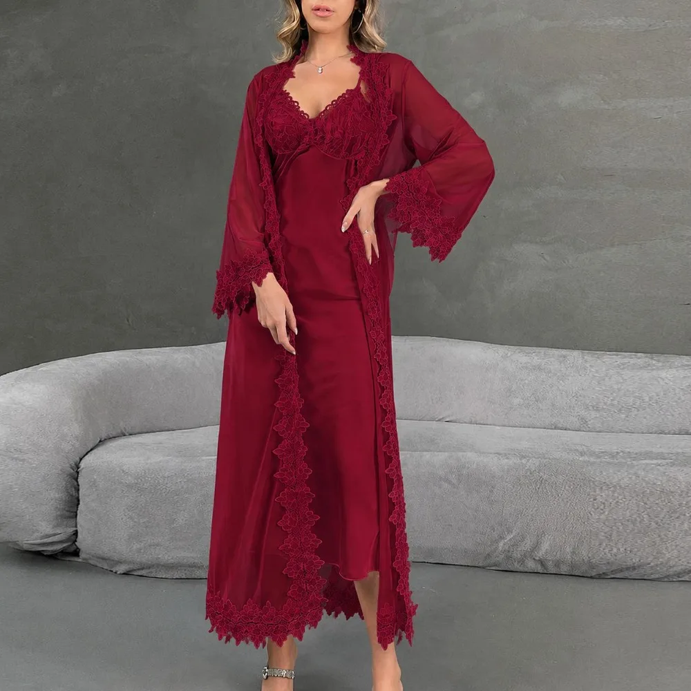 Black Long Sheer Mesh Bridal Robe for Women Sexy Fashion European Lace Ruffle Jacquard Water-Soluble Lace Trim Outer Robe