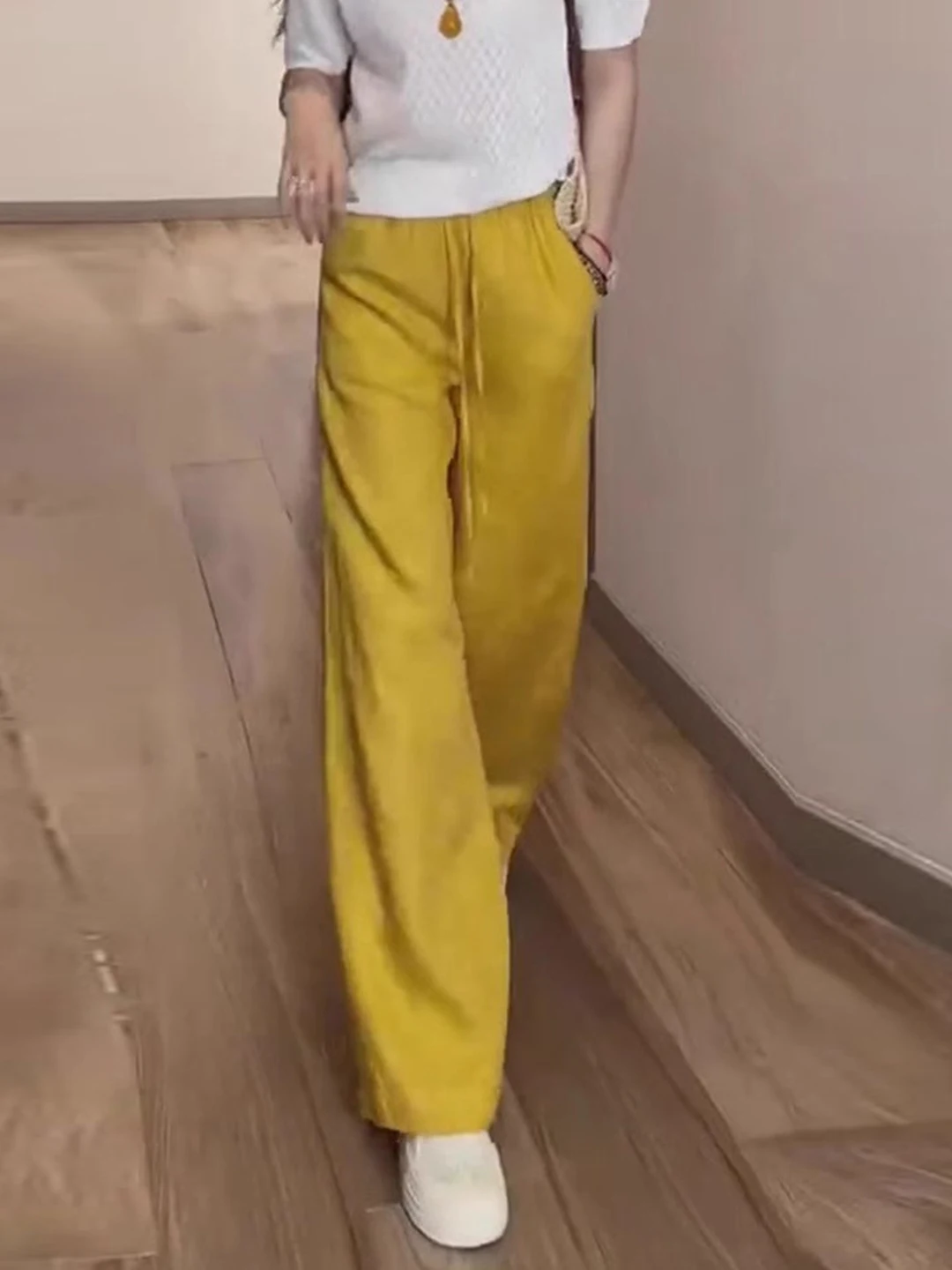 Yellow Wide Leg Casual Pants Women's Summer Thin High Waist Straight Cut Trousers Slimming Hip Covering plus Size Pear Shape