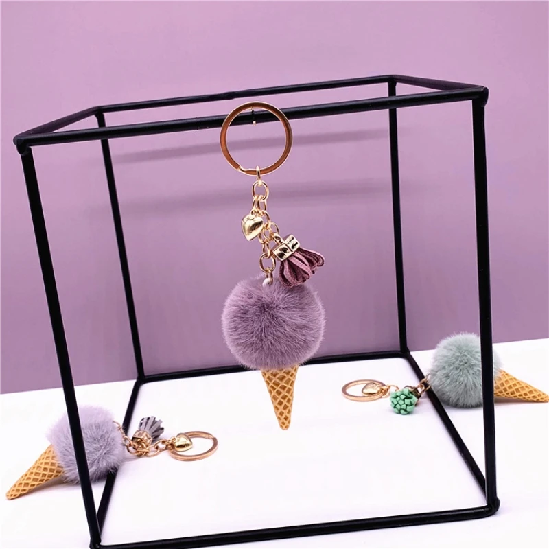 Creative Ice Cream Keychain Plush Pompom Key Chain Keyrings for Women Key Holder Car Bag Pendant Accessories Girls Jewelry Gifts