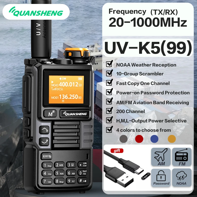 Quansheng UV-K6 워키토키, UHF VHF DTMF FM 스크램블러, NOAA 무선 주파수 양방향 cb무전기, 5W 에어 밴드 라디오 타입 C 충전 