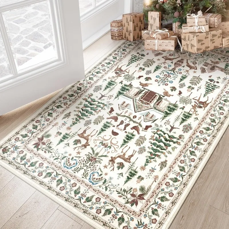 

Christmas Themed Living Room Carpet Christmas Tree Reindeer Print Bedroom Rugs Machine Washable Non-slip Coffee Table Mats Tapis